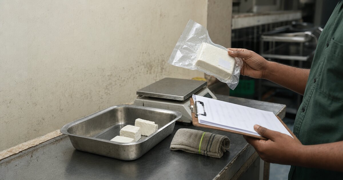 A restaurant receiving clerk checks a sealed paneer block against a clipboard beside a scale and tray