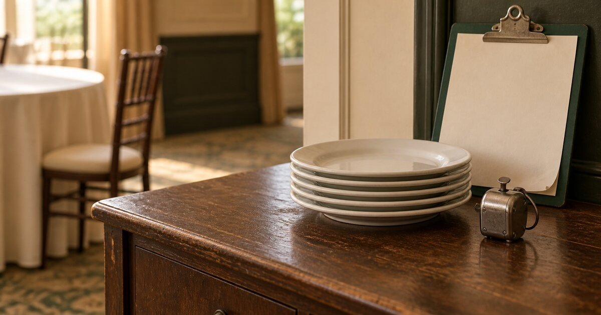 Stack of banquet dinner plates beside a mechanical tally counter and blank clipped function sheet