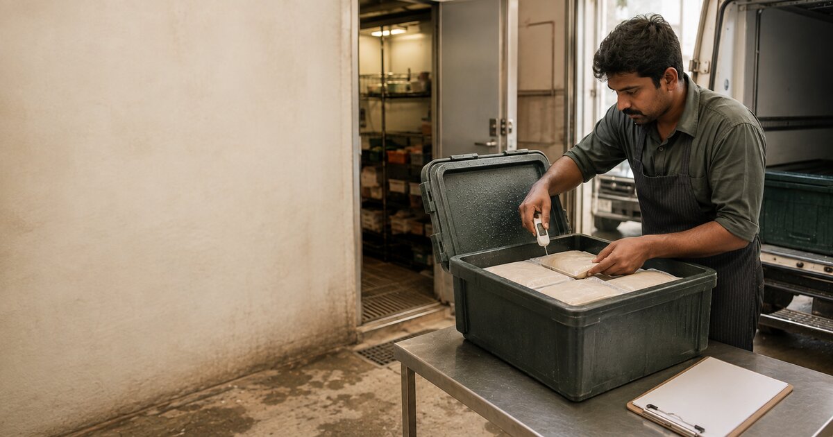 A restaurant receiver measures between sealed chilled-food pouches beside a refrigerated van and walk-in chiller