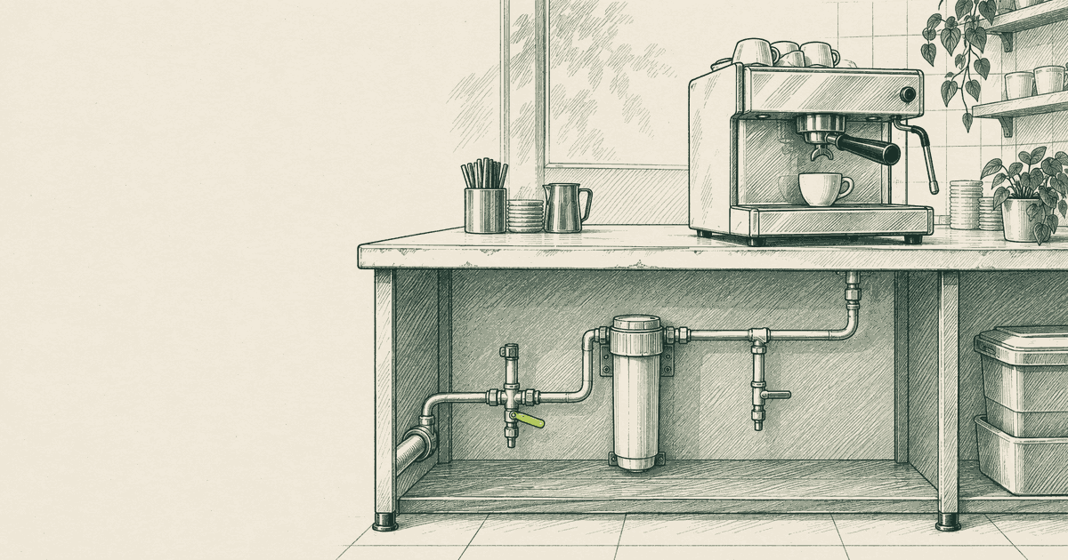 Editorial cutaway of a cafe counter showing water sampling taps before and after a treatment cartridge connected to an espresso machine