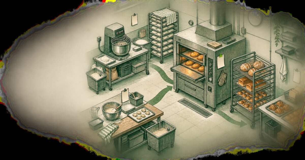 An isometric bakery floor where two preparation routes converge at one deck oven before a cooling rack