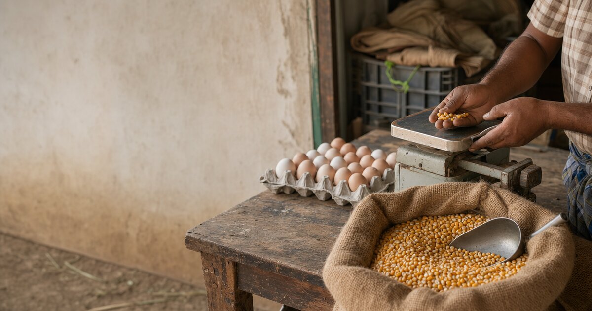 A poultry-feed worker checks maize kernels on a mechanical scale beside an egg tray