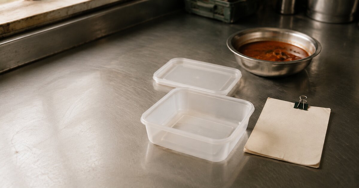An empty takeaway container and matching lid beside a blank specification card and a separate steel bowl of gravy on a kitchen counter
