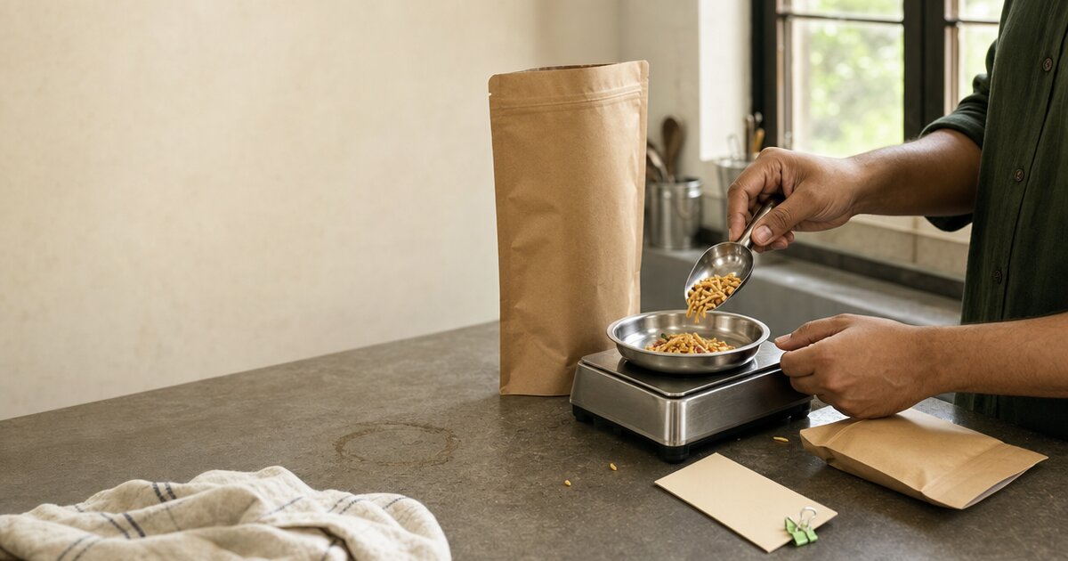Hands portion an unbranded savoury snack from a kraft sample pouch into a dish on a bench scale