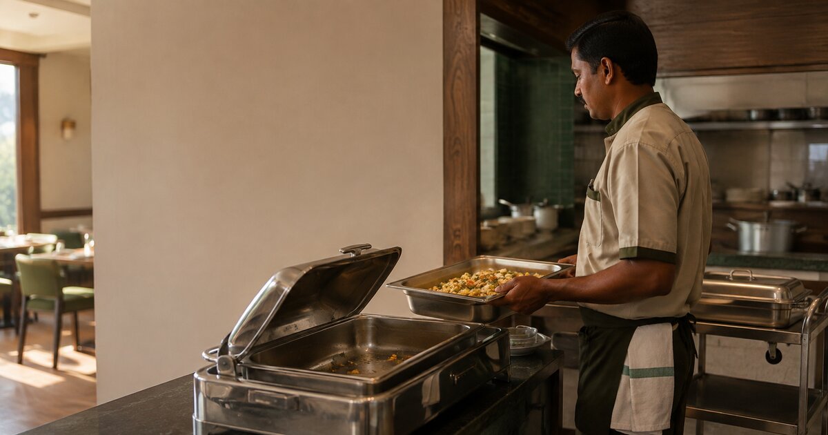 A hotel buffet steward carries a shallow breakfast refill toward a nearly empty chafing dish