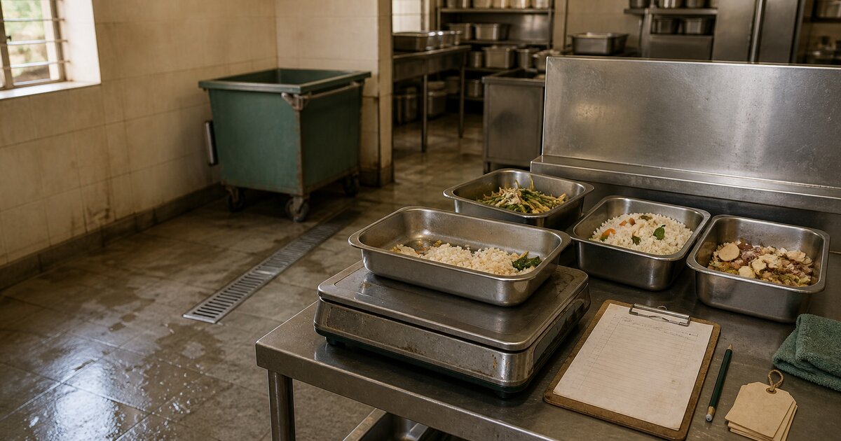 Separated hotel food-waste pans beside a platform scale and blank service log