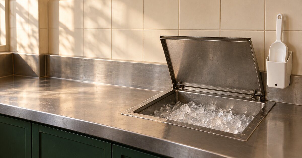 A stainless ice well with its lid raised beside a white scoop stored handle-up in a separate wall-mounted holder