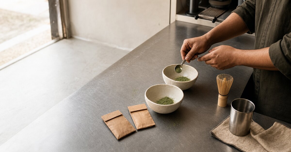 A cafe buyer measures two matcha powder samples side by side at a stainless beverage counter