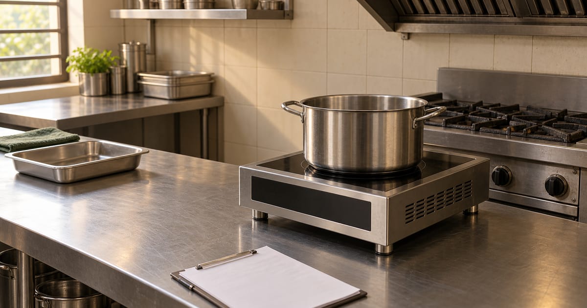 An empty stockpot on a commercial induction hob beside an unlit gas range and a blank trial sheet