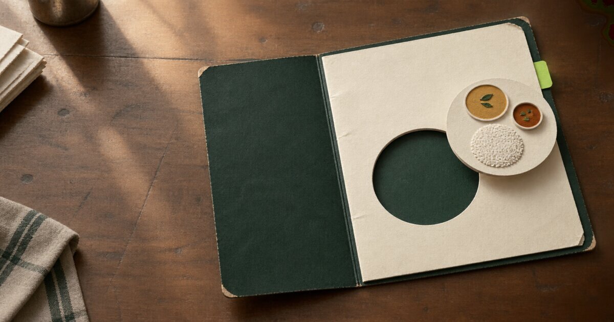A paper lunch-plate cutout beside its matching circular opening in a blank menu folder