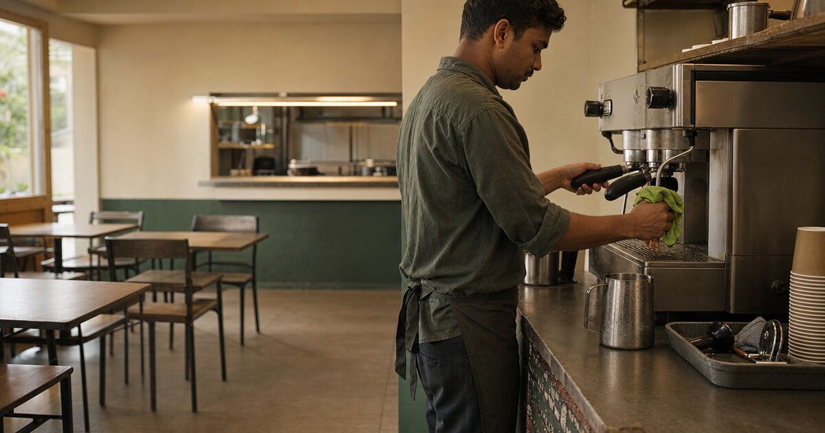 A restaurant worker cleans an espresso machine beside an empty late-afternoon dining room