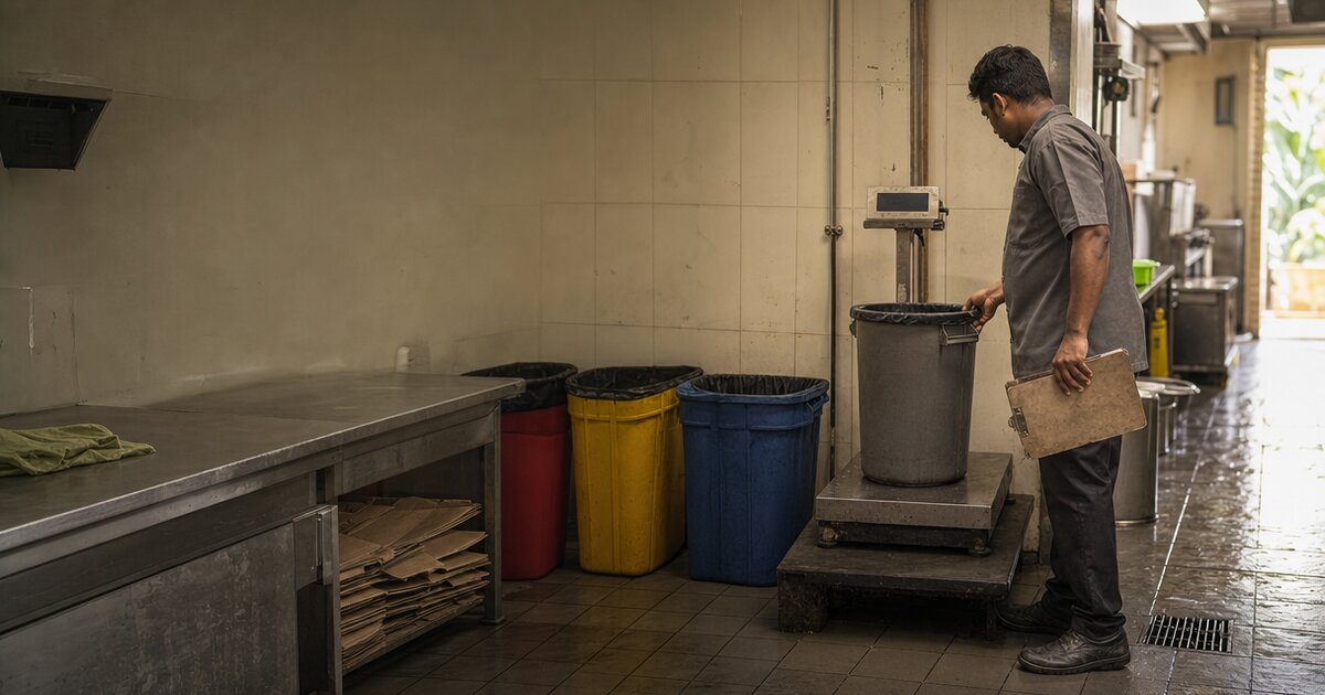 A restaurant manager weighs a lidded waste tote beside three segregated bins in a Chennai kitchen service corridor