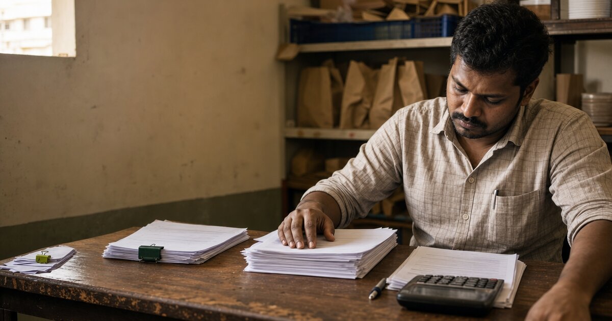 A restaurant operations clerk reconciles three stacks of delivery records beside a calculator