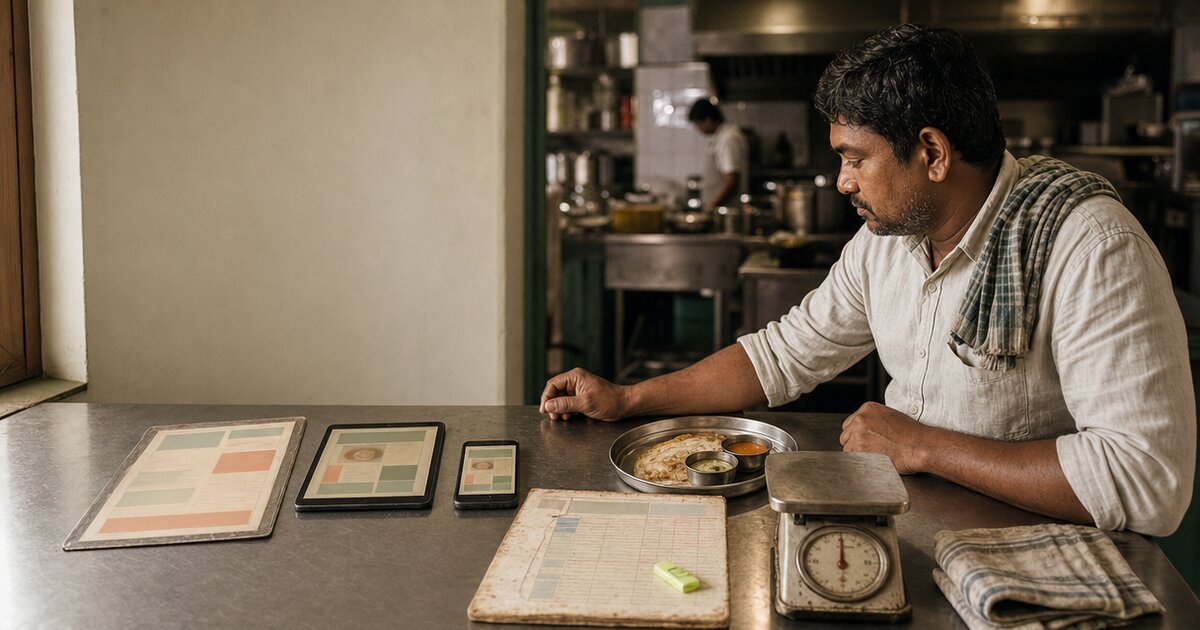 A restaurant manager compares a plated serving with matching menu layouts on paper, tablet and phone beside a portion scale