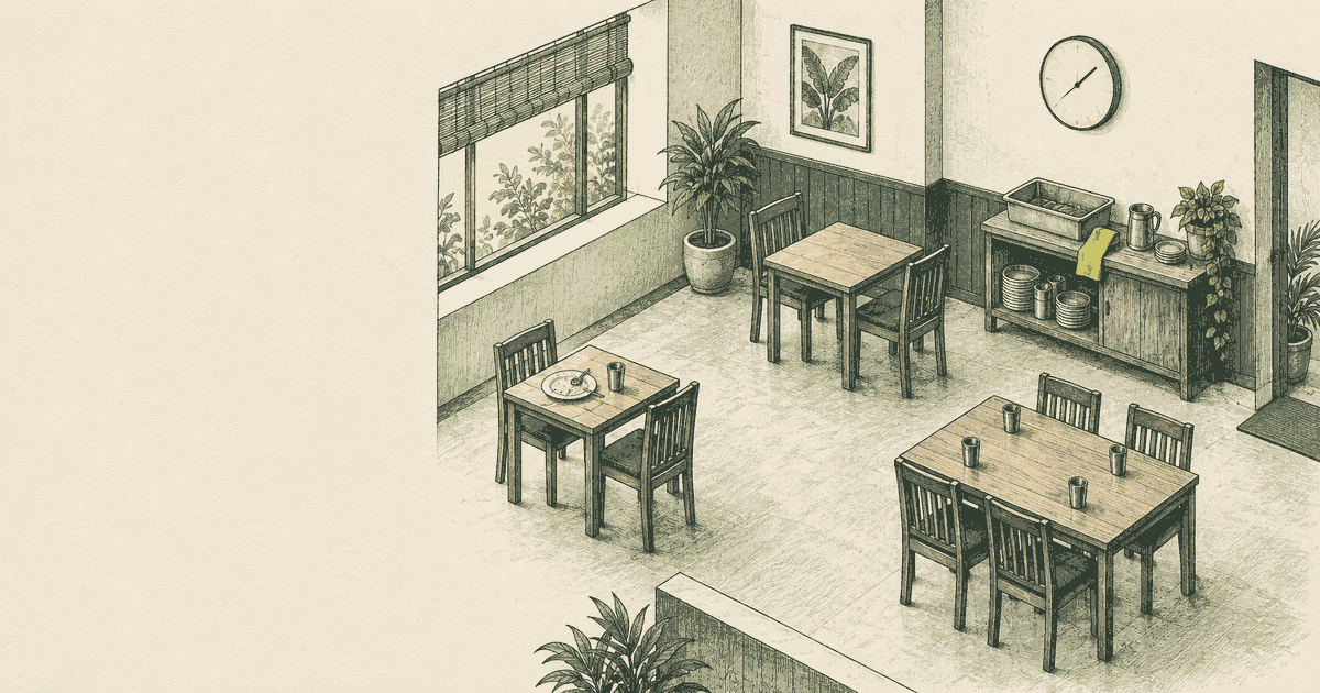 An architectural drawing of restaurant tables, a clearing sideboard and an unnumbered wall clock