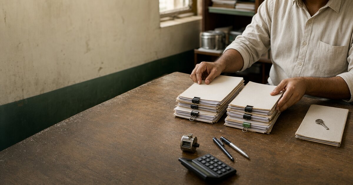 A restaurant manager sorts two matched stacks of outlet sales packets beside a separate folder and key