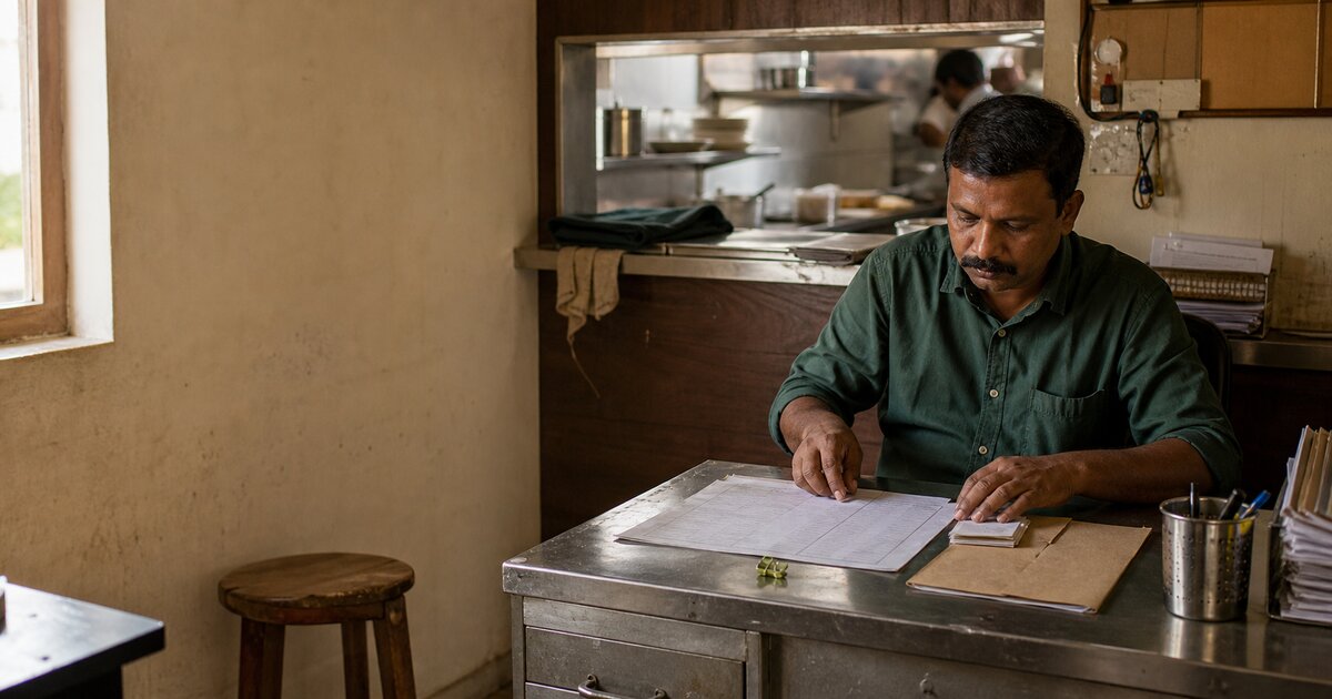 A restaurant manager compares a roster sheet and time cards at a stainless-steel desk before service
