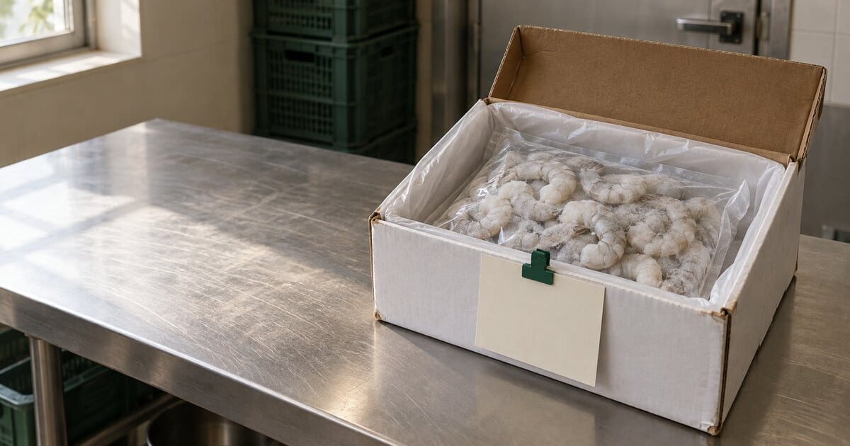 A sealed pouch of frozen peeled shrimp in an open lined carton, with a blank specification card on a steel receiving counter
