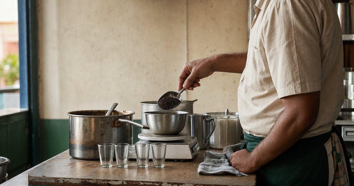 A tea counter operator weighs loose black tea beside a row of glass tumblers